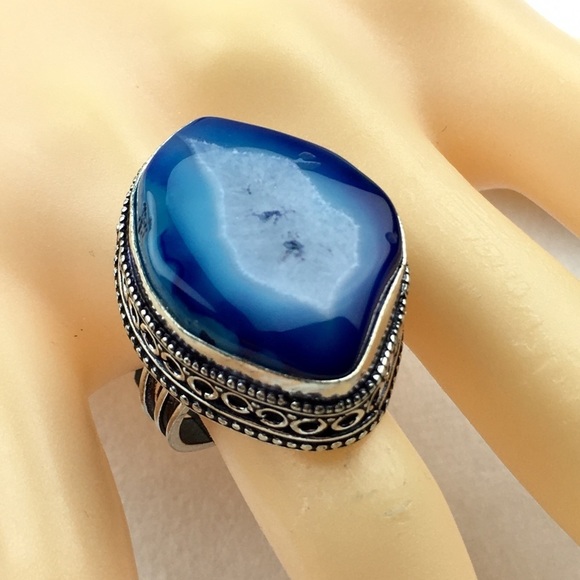 New Blue Solar Quartz Crystal Stone Silver Overlay Ring Size 7 - Picture 3 of 12
